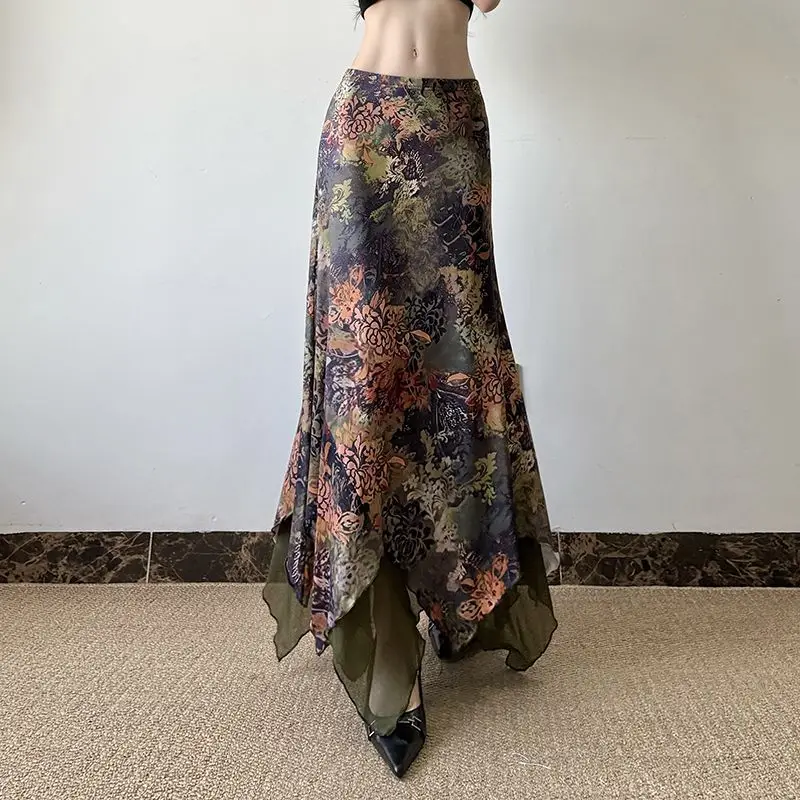 

Women's Clothing French Vintage Style Retro Printed Skirt Low Waist Irregular Slim