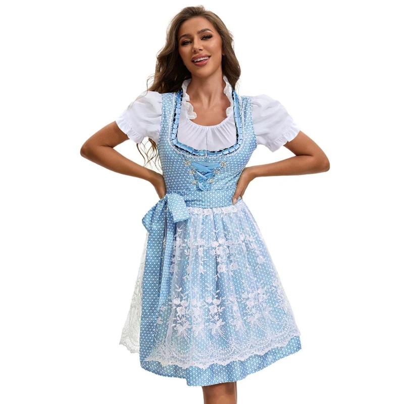 Abito da donna multicolore dell'Oktoberfest di Monaco 2025, gonna da birra tradizionale bavarese con stampa etnica con top e grembiule, costume da cameriera
