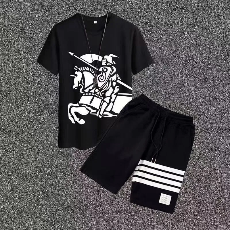 2024 Men\'s Casual Crewneck T-shirt + Shorts 2-piece Set Casual Breathing Short-sleeved Sports Jogging Gym Brand Printed Clothing