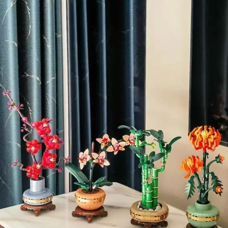 زهر البرقوق الحلي أقحوان Fugui الخيزران بنة نموذج النبات نموذج الديكور اللعب الطوب للطفل الكبار الهدايا