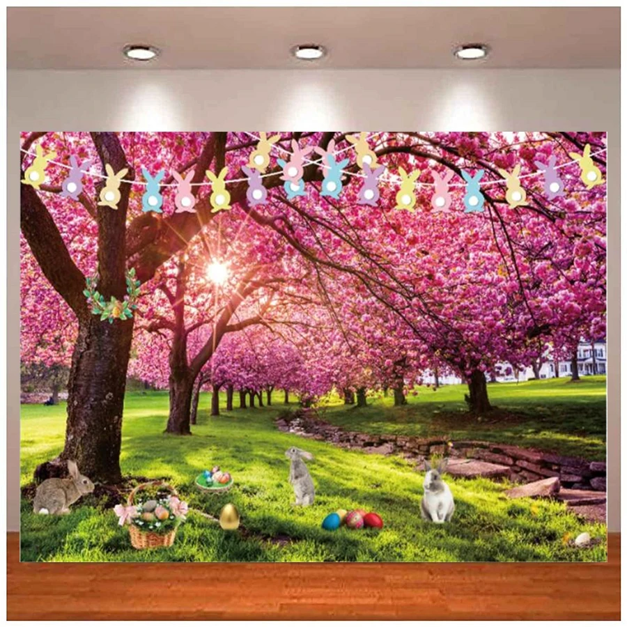 

Happy Easter Day Photography Backdrop Spring Flowers Green Lawn Colored Eggs Children Party Portrait Poster Background Banner