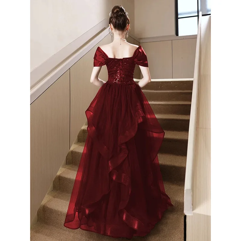 Vintage Burgundy Prom Dress Off Shoulder Sweet Bow Sparkling Engagement Gown Elegant Mermaid Layered Cake Princess Dresses