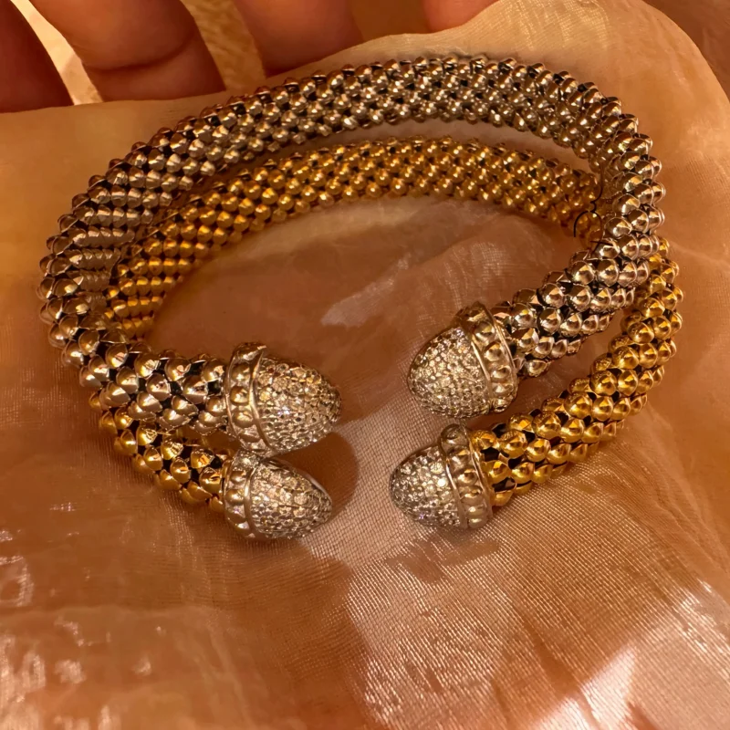 Bellux K Gold Plated 925 Silver Beaded Mesh Bracelet Sparkling CZ Flexible Bangle Trendy  Hand Jewelry Daily Wear