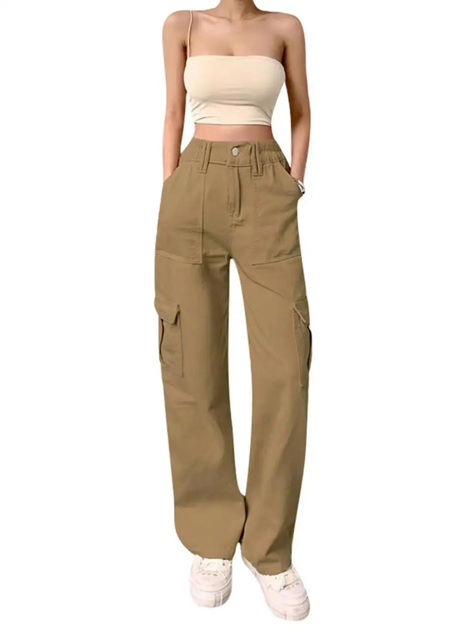 

High-Waisted Cargo Pants for Women Slim Fit Multi-ket Workwear Long Trousers Casual Sle Button Closure Cotton Blend
