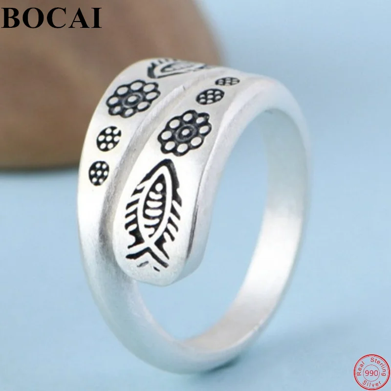 

Кольца BOCAI S990 из стерлингового серебра для мужчин и женщин, модные литературные цветочные рыбные узоры, регулируемые ювелирные изделия из чистого аргентума, оптовая продажа