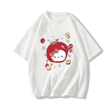 

2026 HelloKitty Sanrio Printed Cotton T-Shirt - Summer Cartoon Design - Children's Round-neck Fashion Loose-Fitting Casual Wear