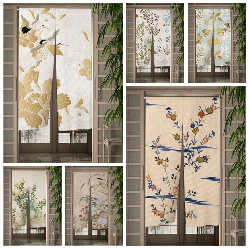 Golden Leaves Flowers Door Curtains Art Japanese Doorway Living Room Partition Curtains Drape Entrance Hanging Half-Curtain Prop