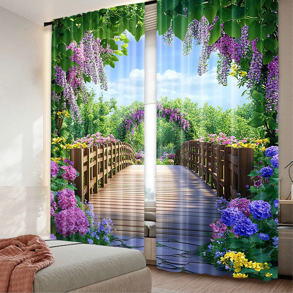 

2Pcs Colorful Flowers Blossom Curtain Wooden Bridge Floral Garden Curtain For Living Room Bedroom And Many Other Occasions A