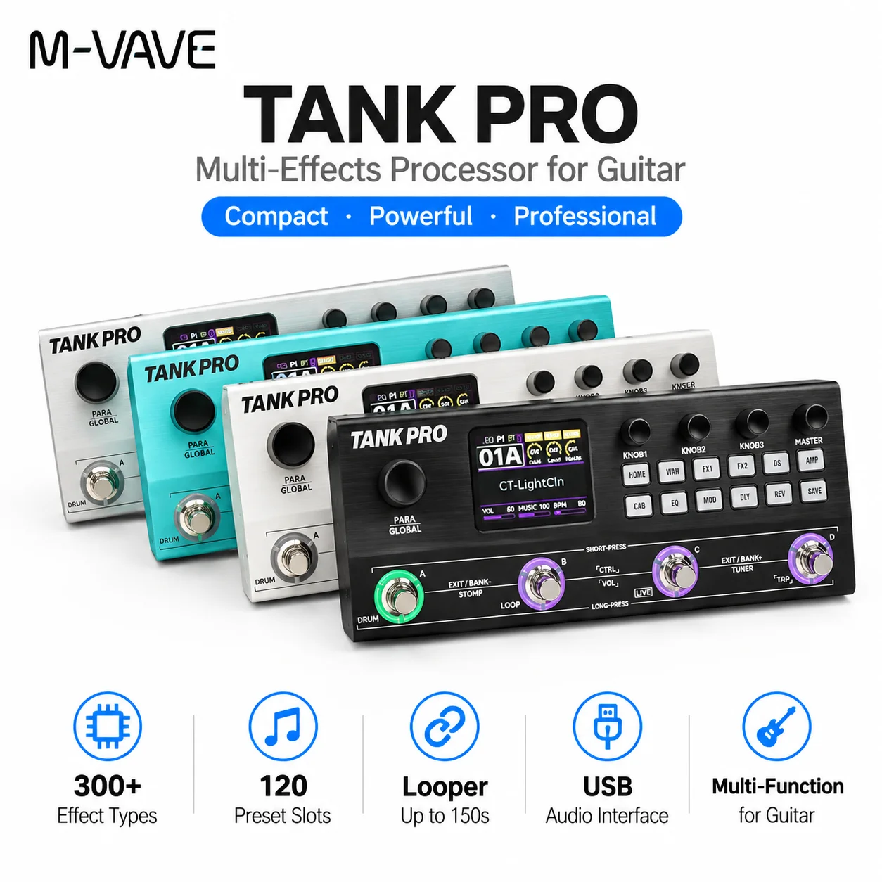 M-VAVE TANK-PRO Guitar Multi Effects Processor Bass Speaker Simulation Drum Machine Accompaniment Distortion Overload Otg Record