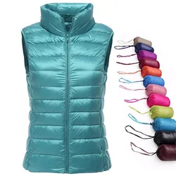 Packable ultra-leve sem mangas jaqueta de inverno feminino pena de pato branco colete quente para baixo casacos para mulher