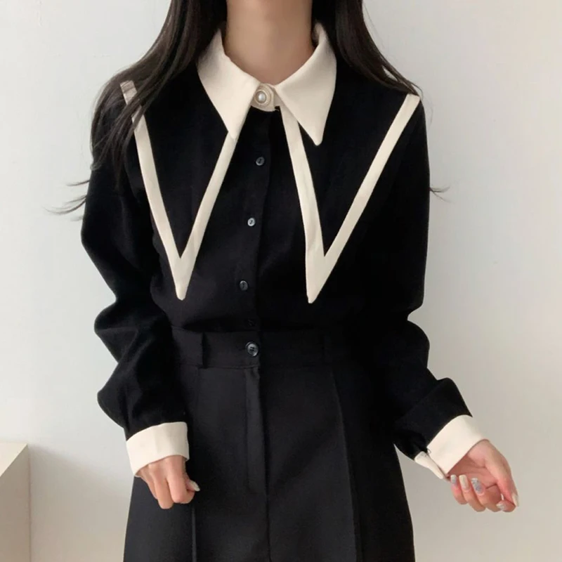 MEXZT Vintage Shirts Women Korean Patchwork Black Long Sleeve Blouses Office Ladies Elegant Red Casual Chic Chiffon Tops New