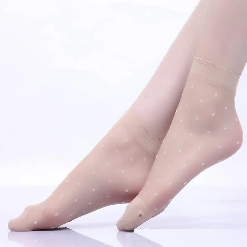 2 Pair  Women Cool Breathable Summer Female Sexy Black Skin Color Thin Socks Solid Color White Dots Girls Nylon Short Socks