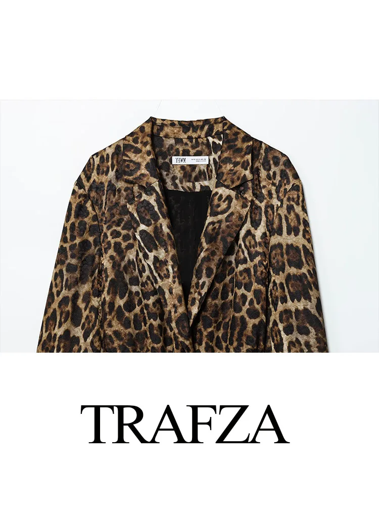

TRAFZA Women Autumn New Fashion Pants Suit Leopard Print Lapel Pockets Belt Design Blazers+High Waist Zipper Wide-Leg Pants