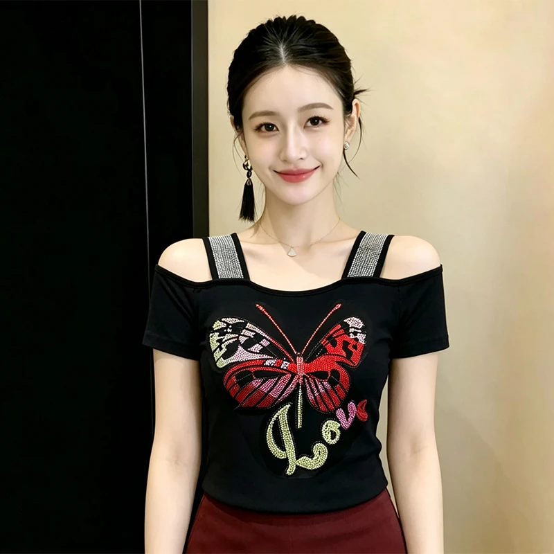 Summer New Off Shoulder Double-Layer Ice Silk Mesh T-Shirt Luxury Hot Diamond Short Sleeved Women's Tops Korean-Style Tee