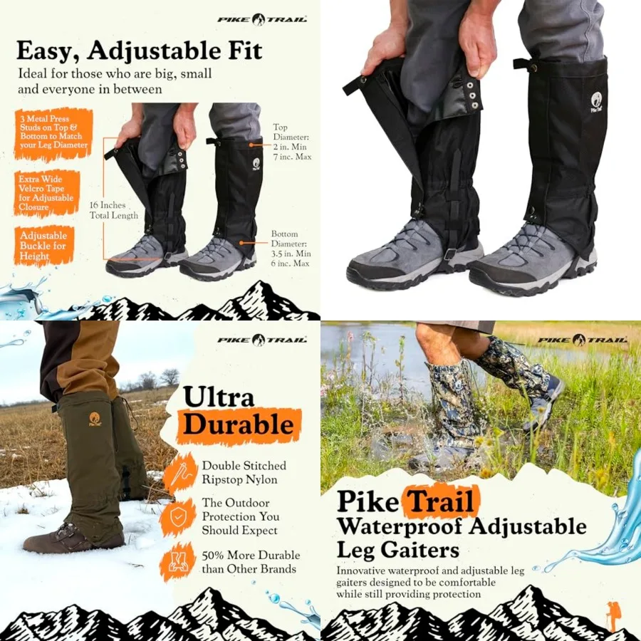 Adjustable Leg Gaiters - Lightweight, Waterproof - Leg Guards for Men and Women - Hiking Essentials Ideal for Hunting, Trekking