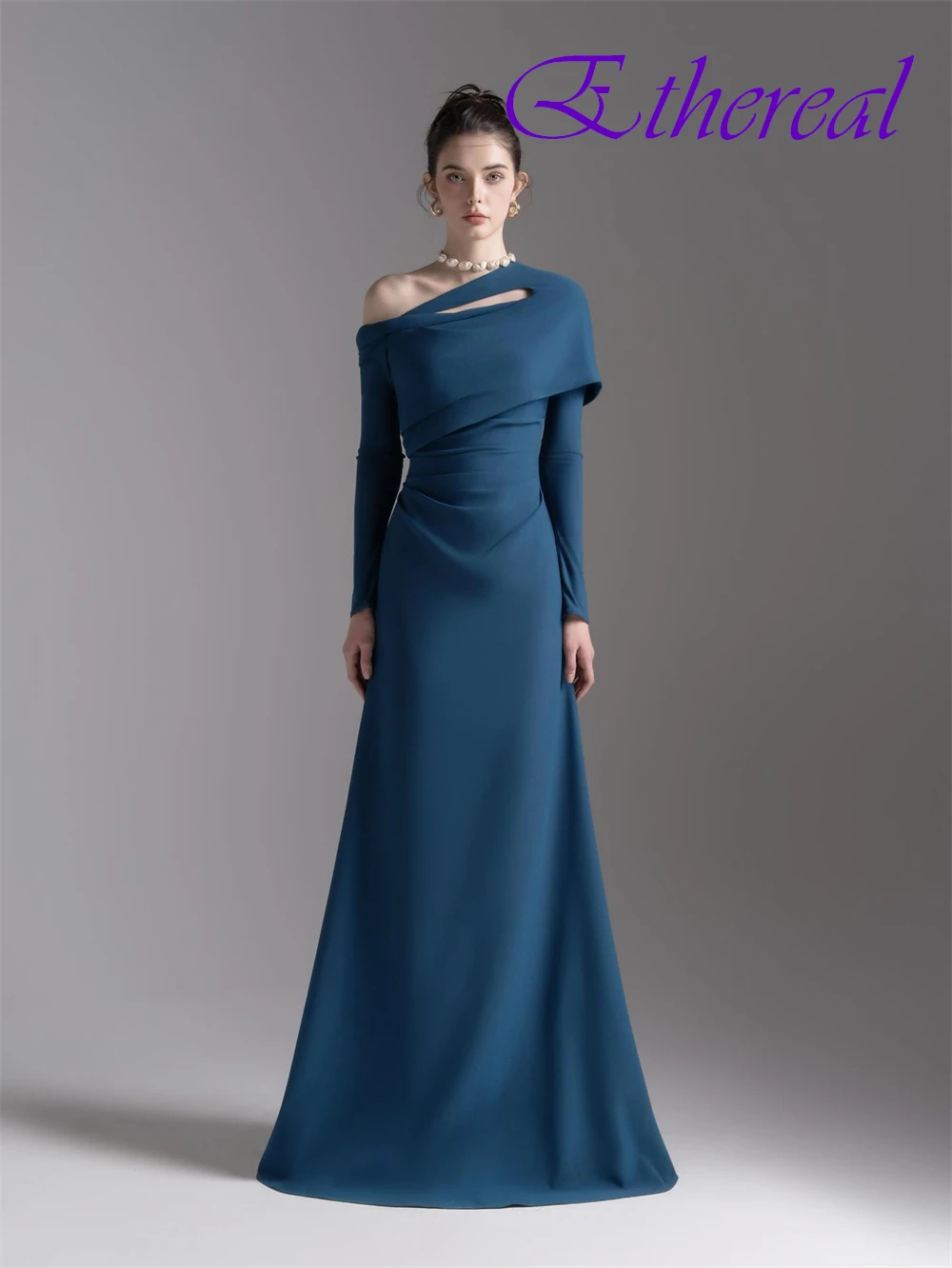 ชุดราตรีคอเรือแบบสั่งตัด ดีไซน์หรูหรา ผ้าเจอร์ซีย์ แขนยาว ชุดออกงานพรอม ชายกระโปรงยาวแบบลากพื้น สำหรับโอกาสพิเศษ