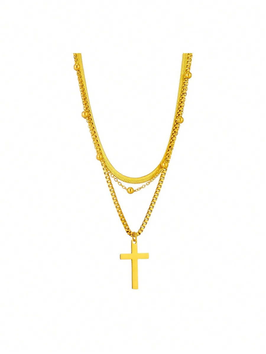 

Stainless Steel Multilayer Cross Pendant Necklace For Daily Wear