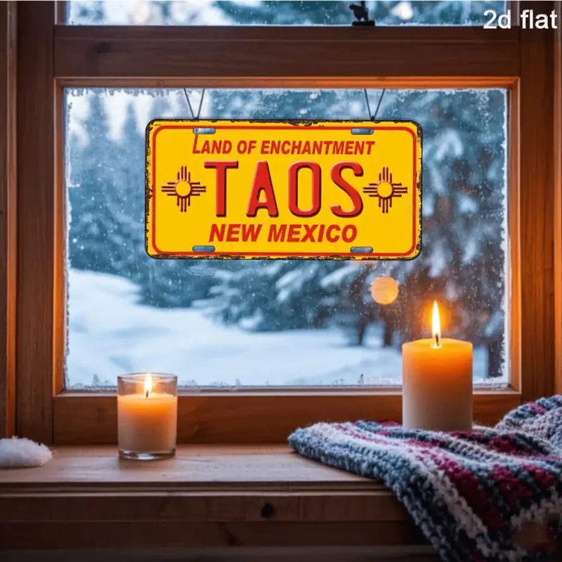 لافتة معدنية مسطحة ثنائية الأبعاد، قطعة واحدة من "Land of Enchantment Taos New Mexico" - ديكور حائط من الألومنيوم مقاس 6 × 12 بوصة مع فتحات محفورة مسبقًا #5