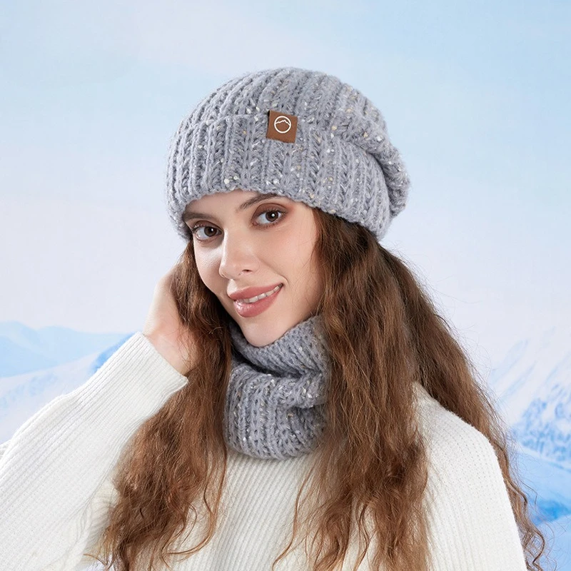 Winter Hat Scarf Set Women's Outdoor Velvet Warm Knitted Hat European and American Ear Protectors Pullover Wool Hat