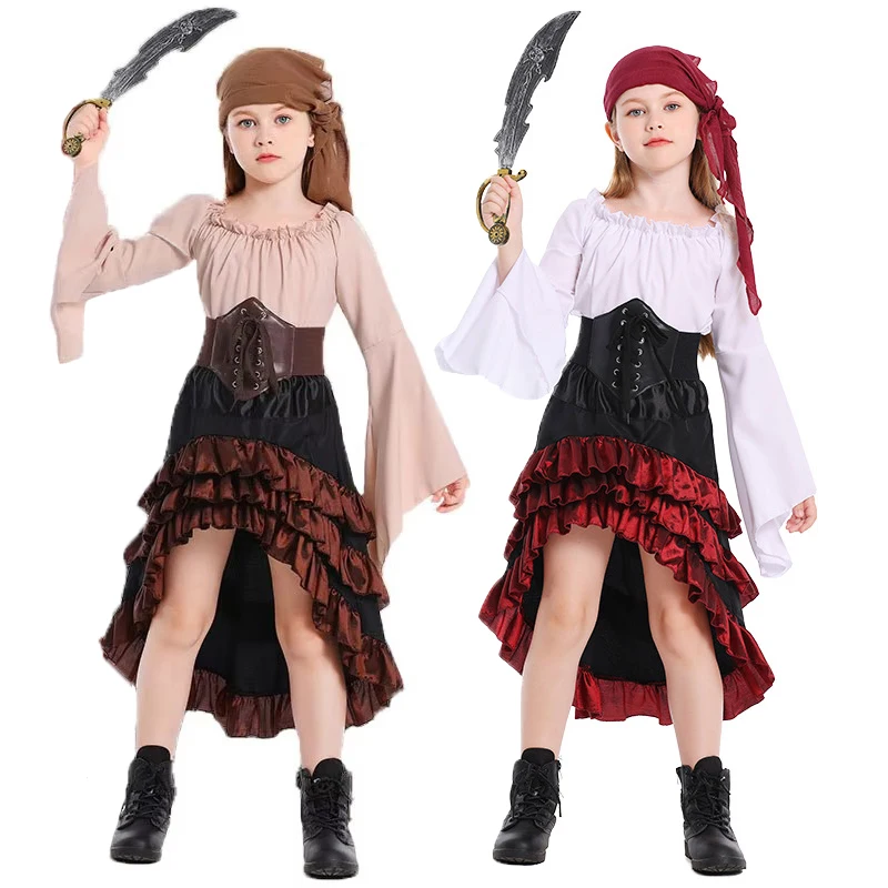 5-12Y 14-16Y Children Teens Vintage Medieval Renaissance Pirate Girl Costume for Girls Umorden 2 Color