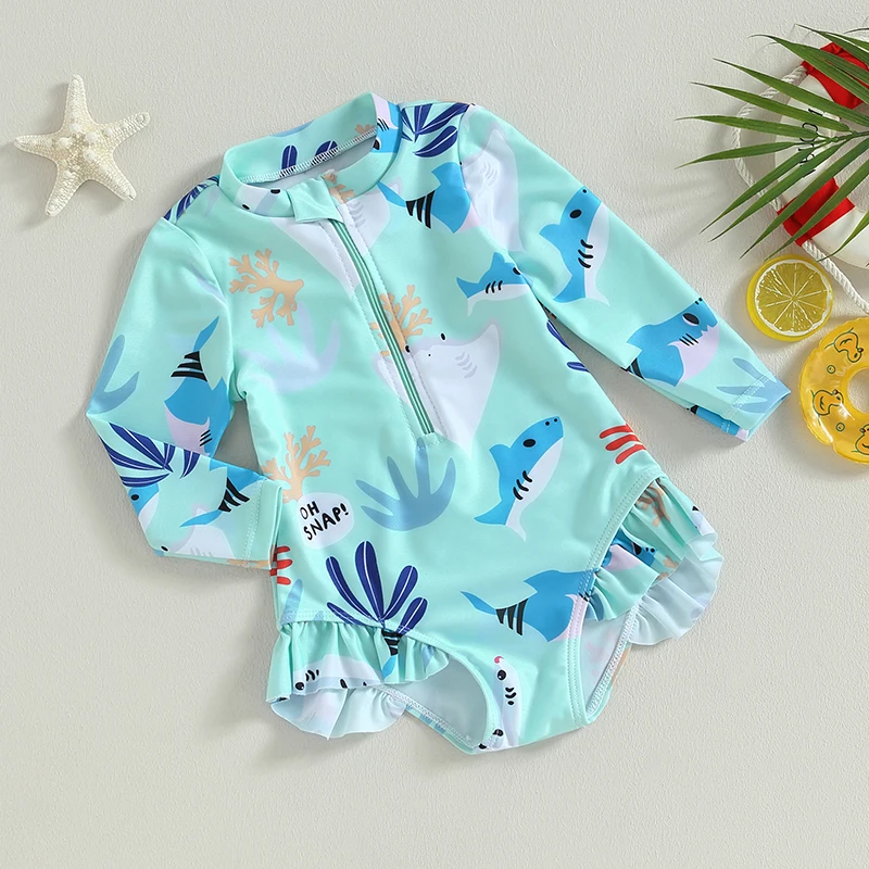 Toddler Girls Jumpsuit Swimsuit Fish Scale Floral Print Zip Up Bathing Suit Swimwear Girls Long Sleeve Swimsuit