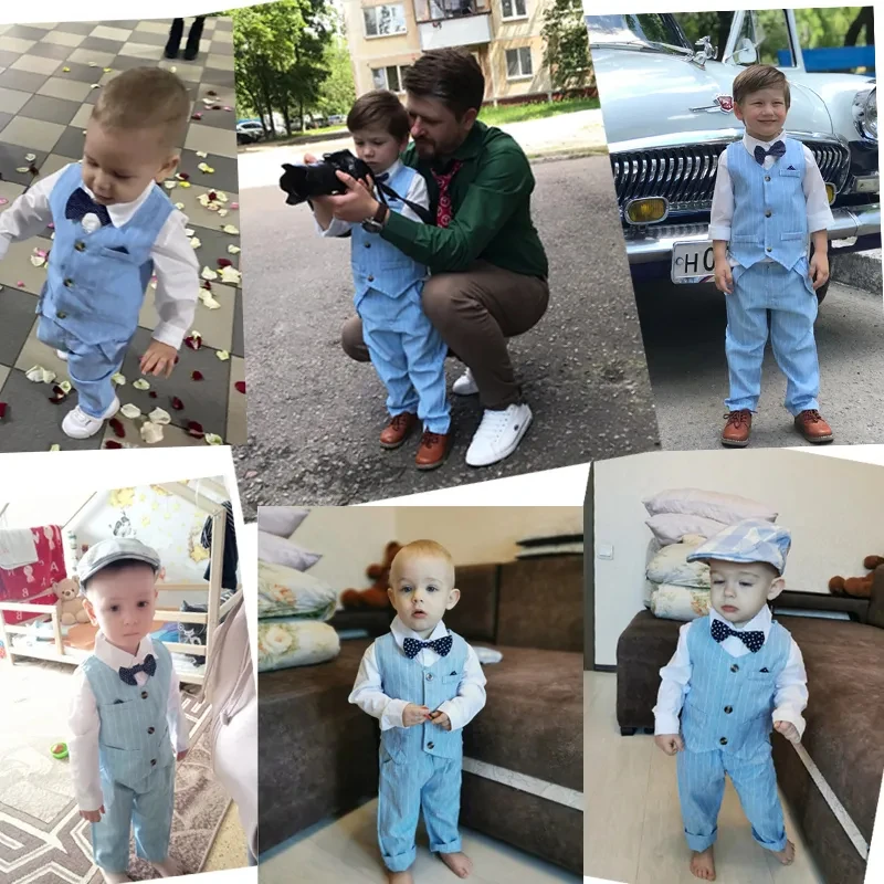 Autumn Spring Toddler Boy Clothes Kids Boys Wedding Suits Striped Vest + White Shirt + Pants Boy Outfits Children Outerwear