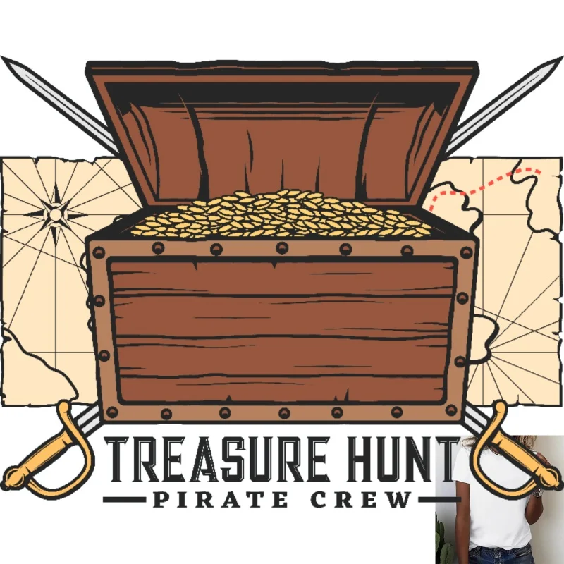 Treasure Hunt Pirate Crew Themed Heat Transfer White Ink Iron - on, with Treasure Chest, Coins, Swords, Map, for T - shirts,