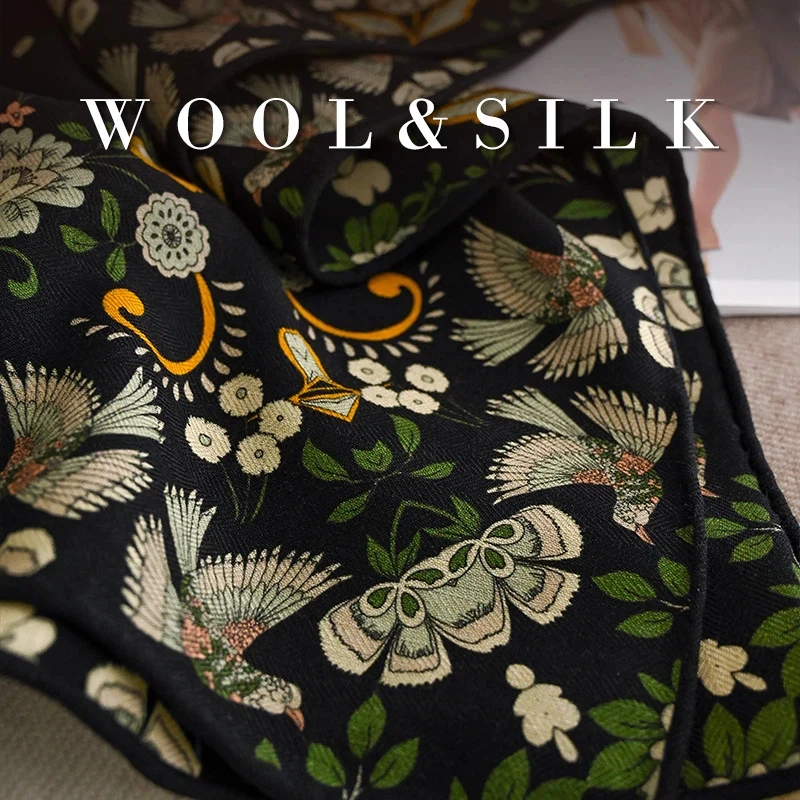 2027 Luxury brands women wool silk black floral square scarf ladies autumn accessories headscarves vintage neck warmer