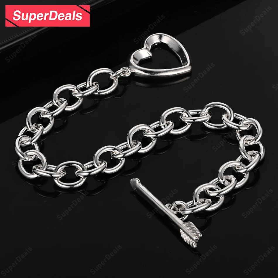 

SuperDeals 925 Sterling Silver Arrow Heart Buckle Bracelet Women Party Lovers Jewelry Sweet Engagement Wedding Gift Accessories