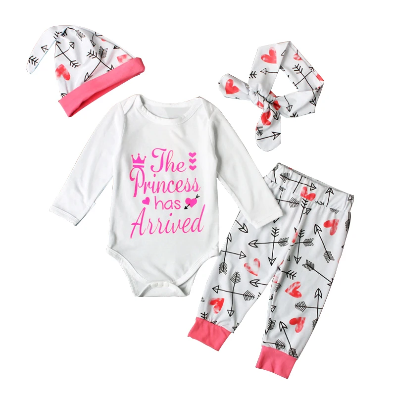 Baby Girl Clothes Set Letter Long Sleeve Bodysuit+Pant+Hat+Headband 4Pcs/Suit Pink Princess Costume Toddler Jumpsuit Kid A646