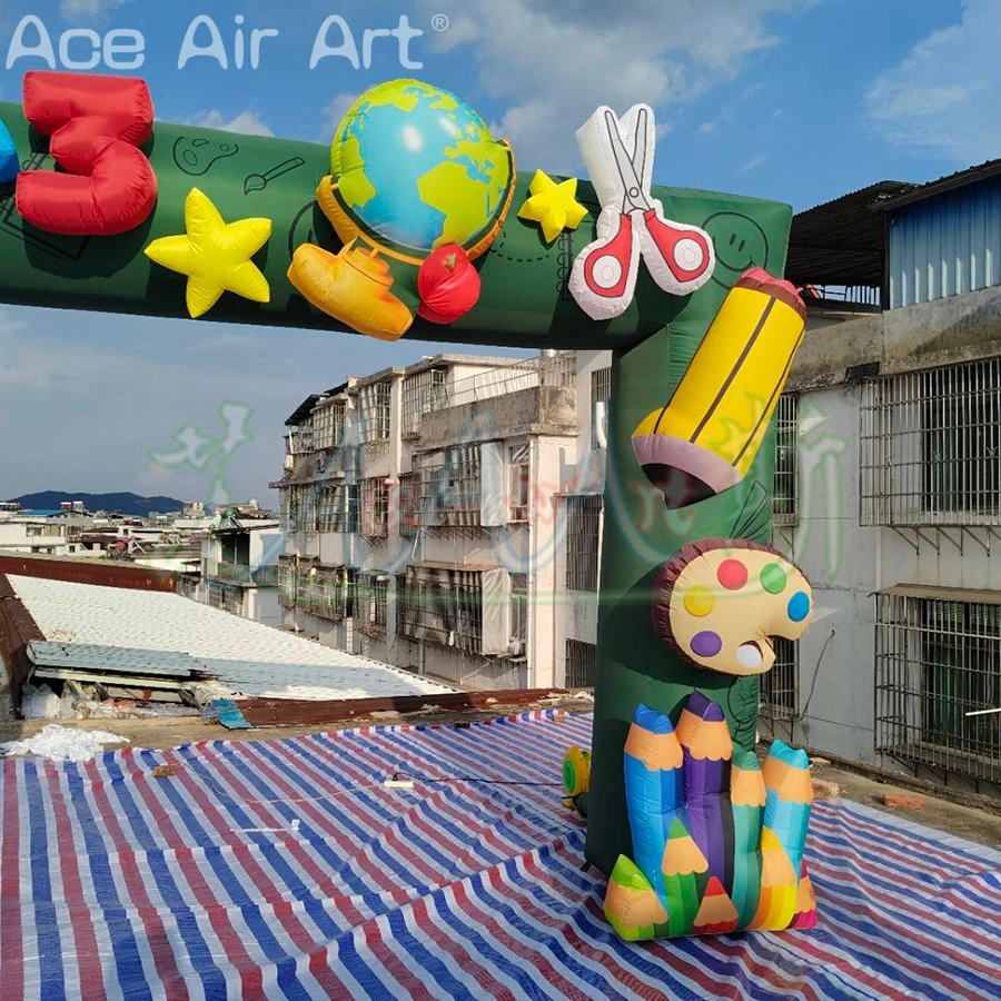 Arco de lápis verde inflável impresso personalizado, decoração de portão de loja de papelaria, portão de sinal 3d com elemento de aprendizagem