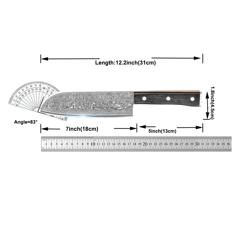 7 Zoll Santoku-Messer, Kochmesser, VG10-Kernstahl Geschmiedeter Damaszener Stahl, Mehrzweck-Gemüsemesser, Ergonomischer Griff – Detail 6