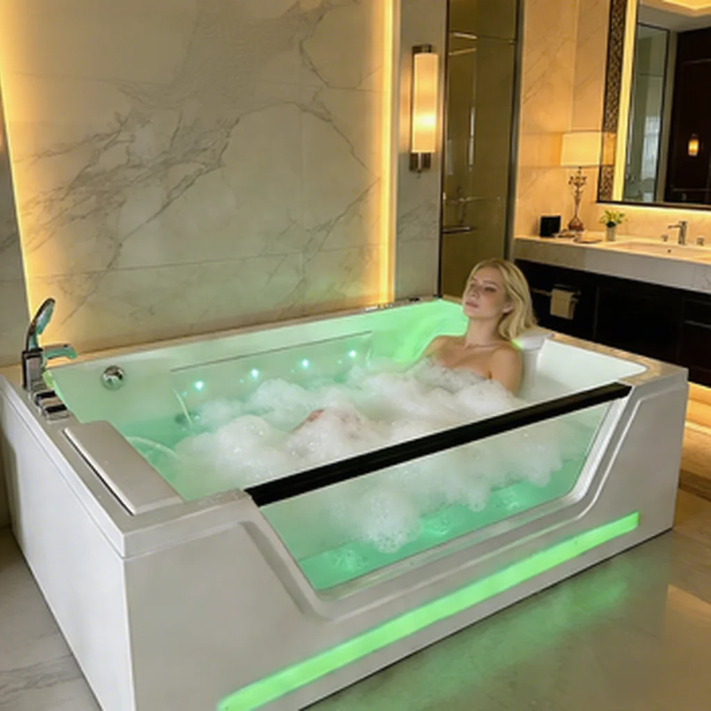 a*-Double People Whirlpool Massage Bathtub with Side Transparent Window  Colorful LED Light & Waterfall Indoor Soaking Tub.