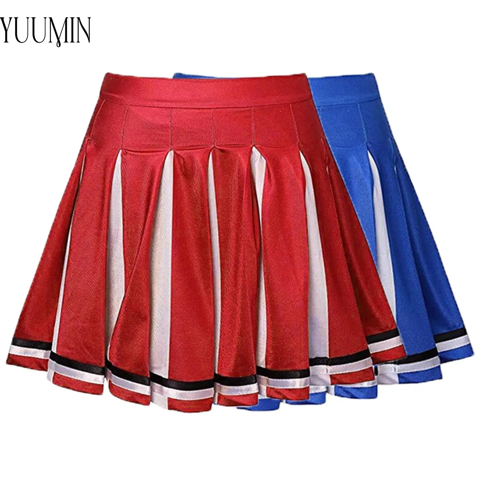 

Girls Cheerleading Costume Pleated Skirt Elastic Waistband Contrast Color Striped Hem Glitter Shiny for Spirit Squad Game Day