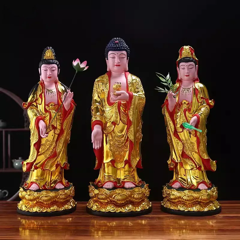 

The Western Three Saints' Amitabha Statue for Worship, Guanyin Avalokitesvara Bodhisattva, Great Strength Resin Buddha, 12in