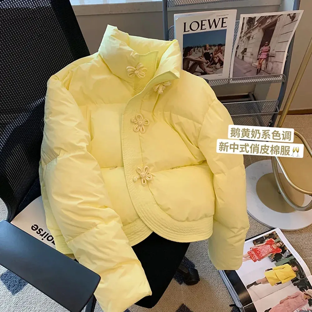 Chinese Style Flower Buckle Women\'s Jacket Yellow Sweet Quilted Coat Women Winter Loose Stand Neck Warm Thicken Cotton Parkas