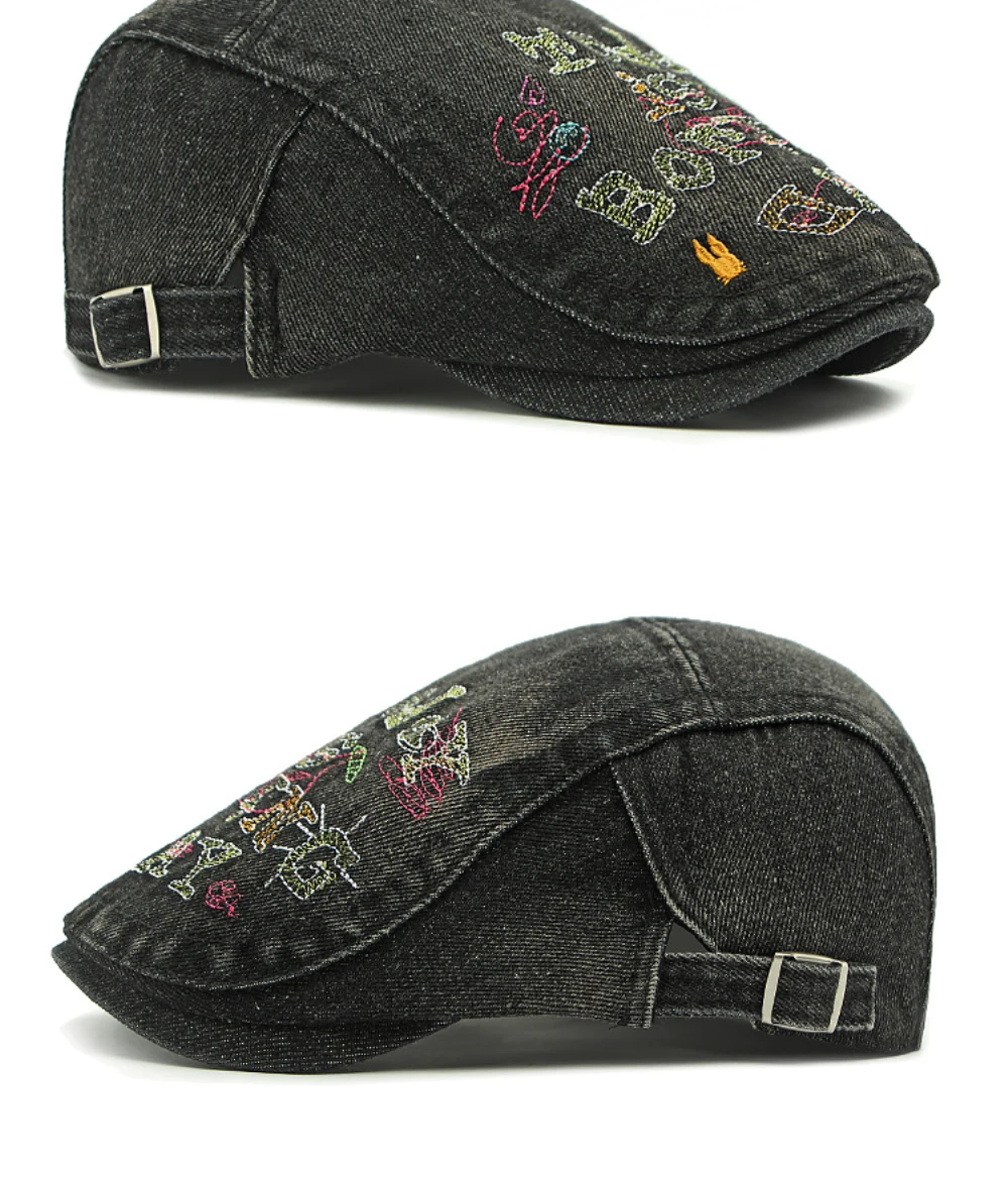 HT4739 Hochwertige Bestickte Buchstaben-Denim-Baskenmütze für Herren und Damen, Retro Künstler-Malermütze, Herren- und Damen-Ivy-Flatcap, Baskenmützen – Detail 10