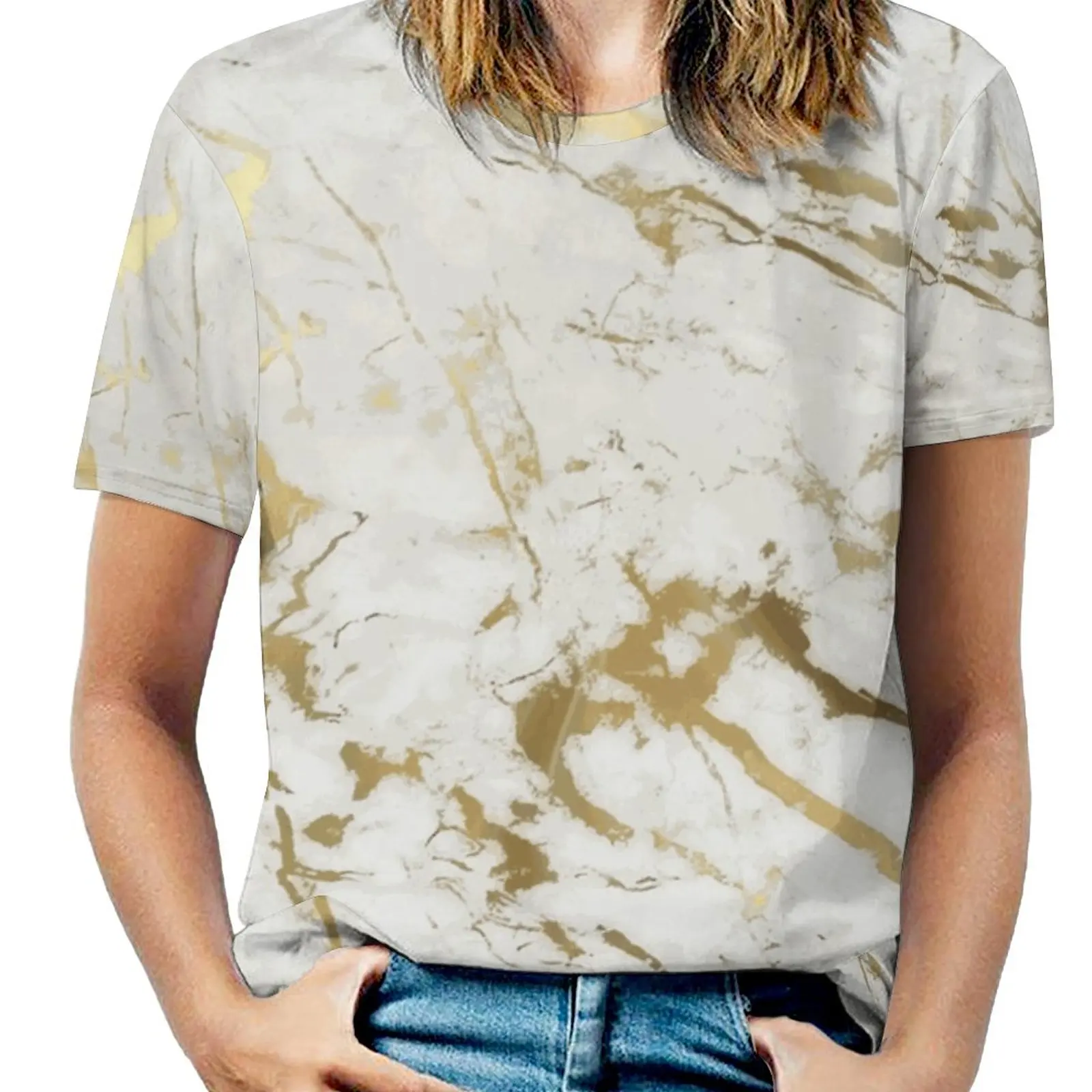 Gold Marble On White ( Original Height Quality Print ) Woman'S T-Shirt Spring And Summer Printed T Shirts Crew Neck Pullover