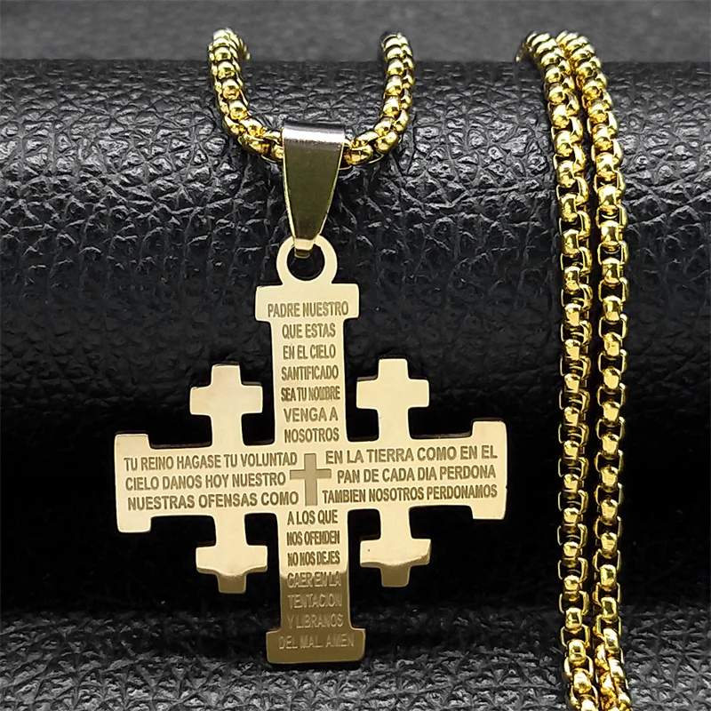 Christian Jerusalem Cross Pendant Necklace for Men Women Stainless Steel Bible Verse Lord's Prayer Chain Jewelry Collar