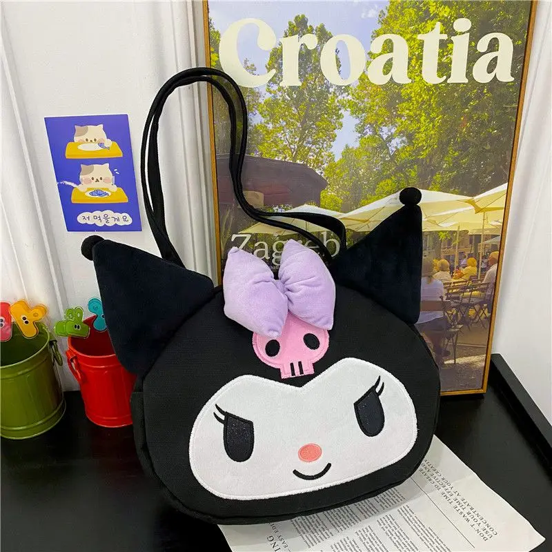 Sanrio Peripherals Cute Ins Girl Shoulder Bag Kuromi Bag Large Capacity Outing Canvas Bag Internet Celebrity Kuromi Big Head Bag