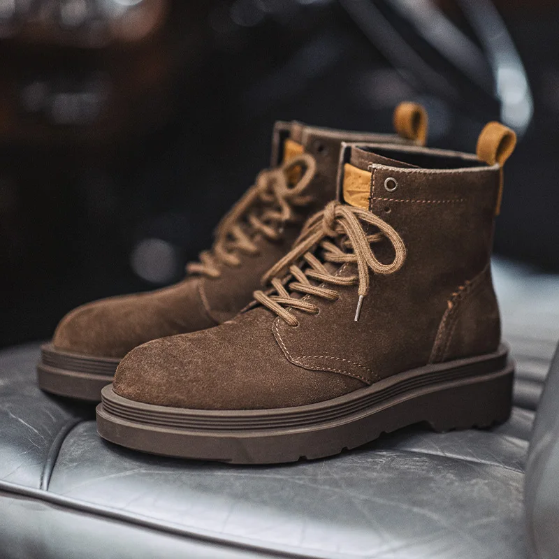 Maden Nowe Brązowe Zimowe Buty Robocze w Stylu Vintage, Casualowe Zamszowe Botki z Wysoką Cholewką, Grube Podeszwy, Okrągłe Noski, Buty Męskie na Sznurowadła