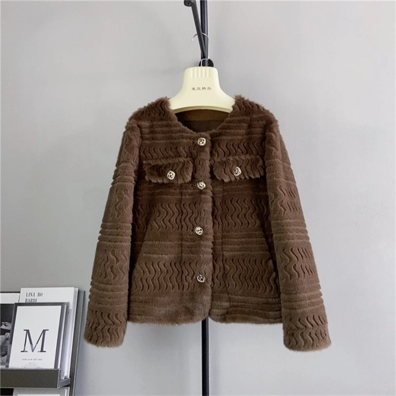 Abrigo corto de piel Artificial con cuello redondo para mujer, chaqueta cálida de terciopelo de visón de imitación, diseño en relieve, otoño e invierno, nuevo, PT461