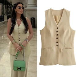 TRAF V Neck Sleeveless Vest Woman Vests For Women 2024 Summer Vest New In Coats Long Vests For Modern Women Pretty Waistcoat