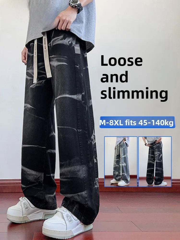 

Мужские джинсы большого размера в американском ретро-стиле, свободные, повседневные, широкие, прямого кроя, с эффектом окрашивания, из смесового хлопка и полиэстера