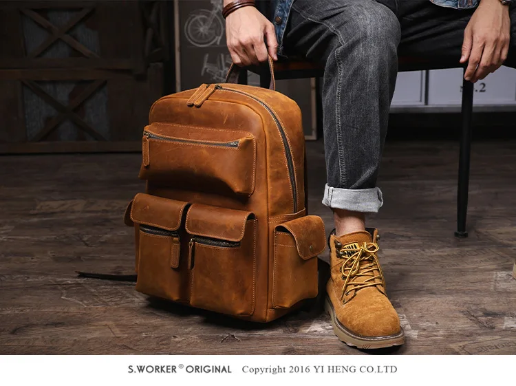 PNDME Vintage handgefertigter Crazy-Horse-Rucksack aus Rindsleder für Männer und Frauen, Outdoor-Reise-Schulrucksack aus echtem Leder mit großem Fassungsvermögen. – Detail 3
