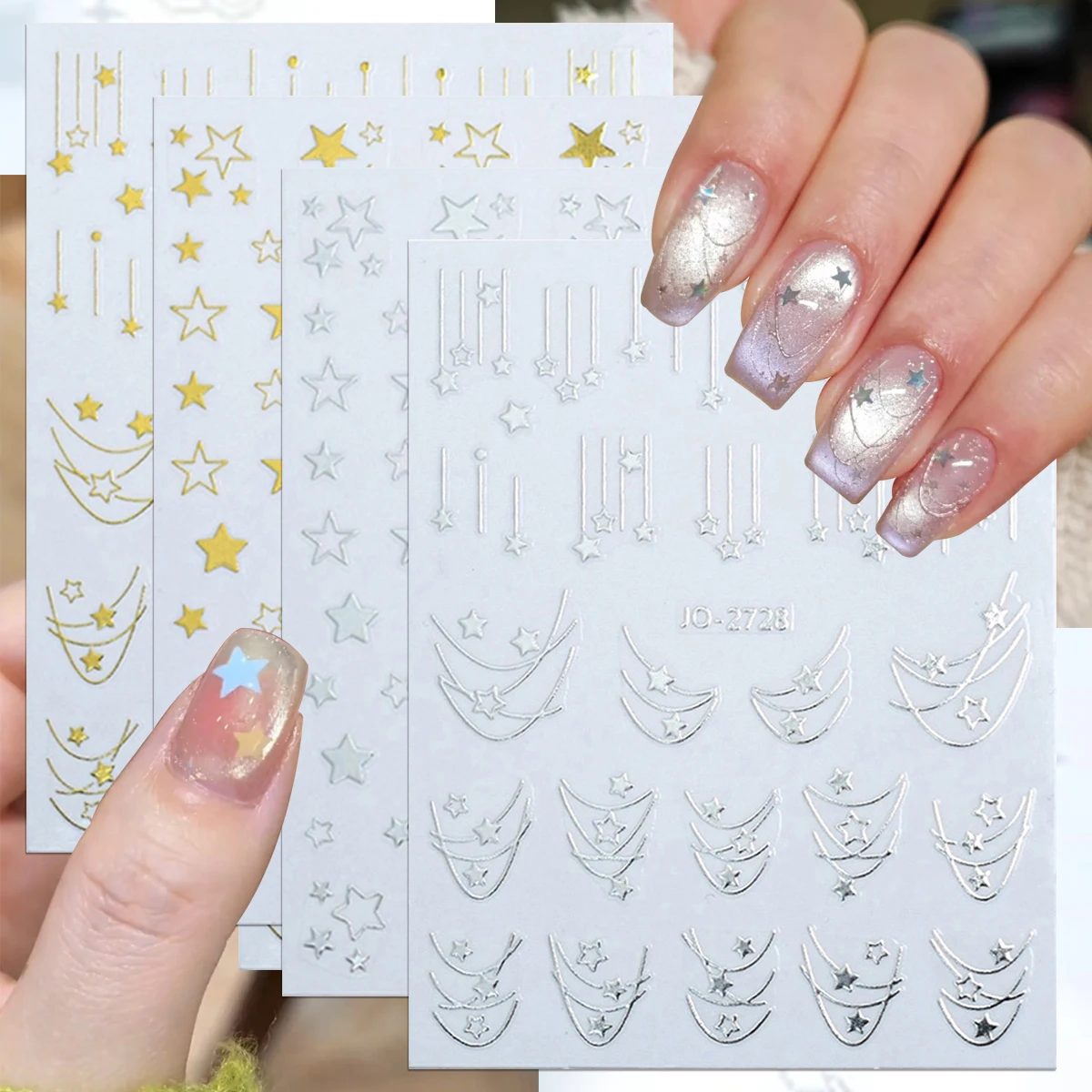 2/4 Sheets 3D Gold Silver Star Trail Nail Art Stickers Shooting Star Stripe Self Adhesive Nail Decals DIY Manicure