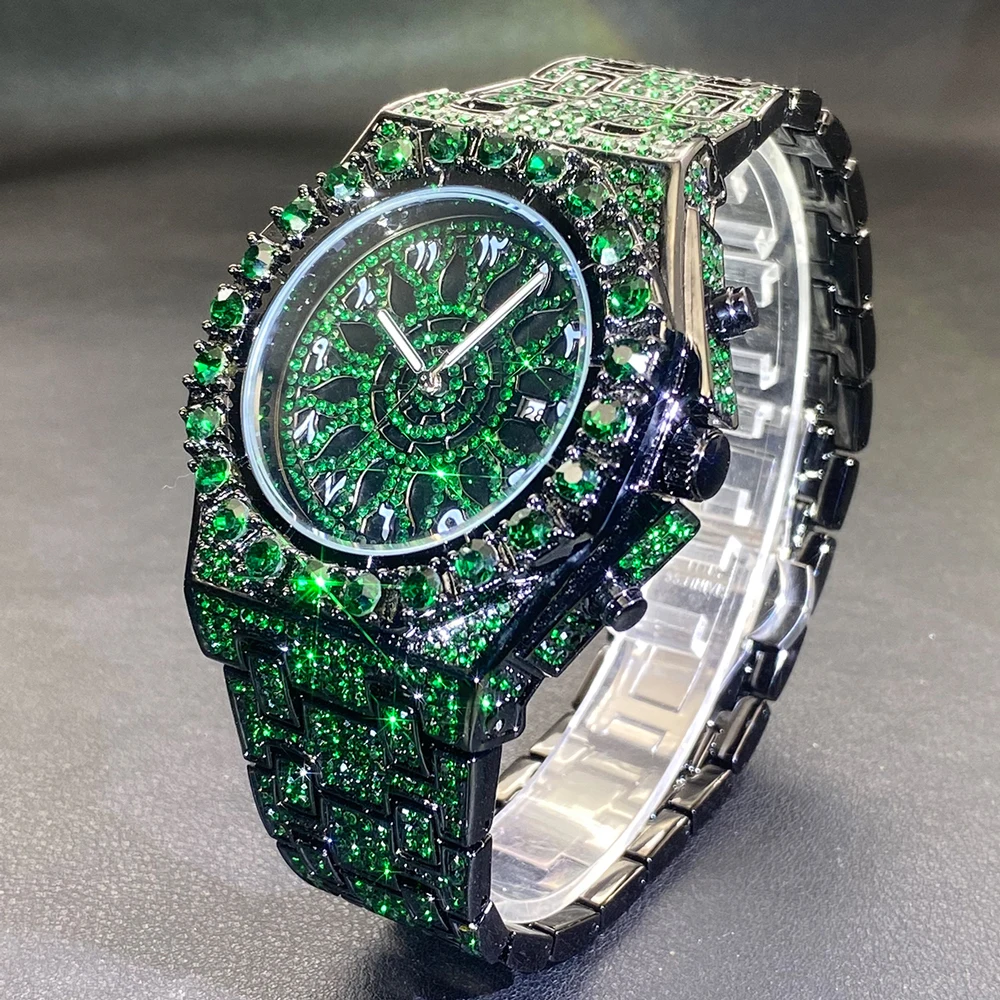 MISSFOX Hip Hop Wristwatch For Men Luxury Ice Out Full Diamond Watches Fashion Green Watch Waterproof Week Display Clock 2025