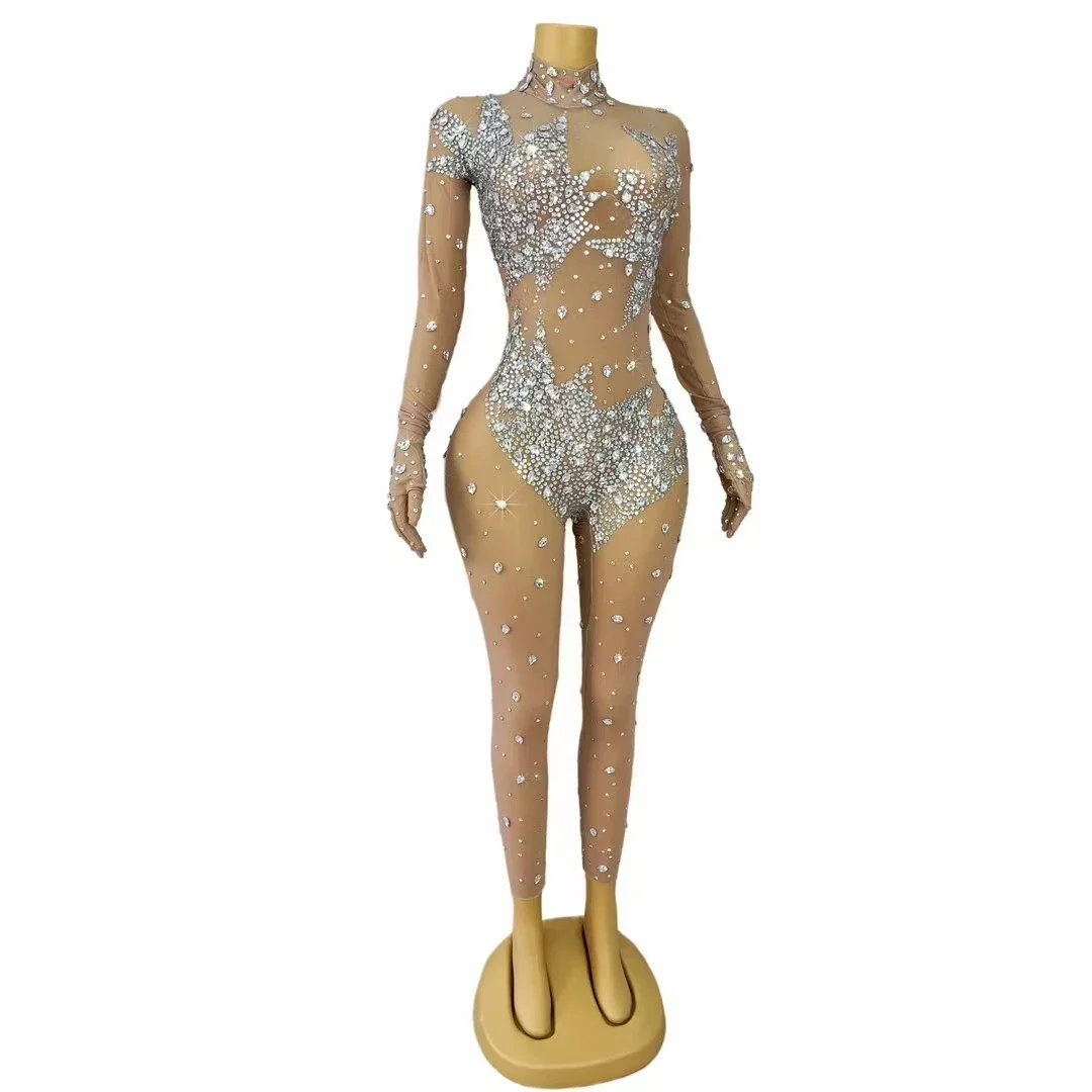 Diamentowy Kombinezon Przezroczyste Dżety Siateczkowe Rękawiczki Klub Nocny Bar DJ Piosenkarz Tancerz Występ Kostium Taneczny Impreza Klubowa Pokaz