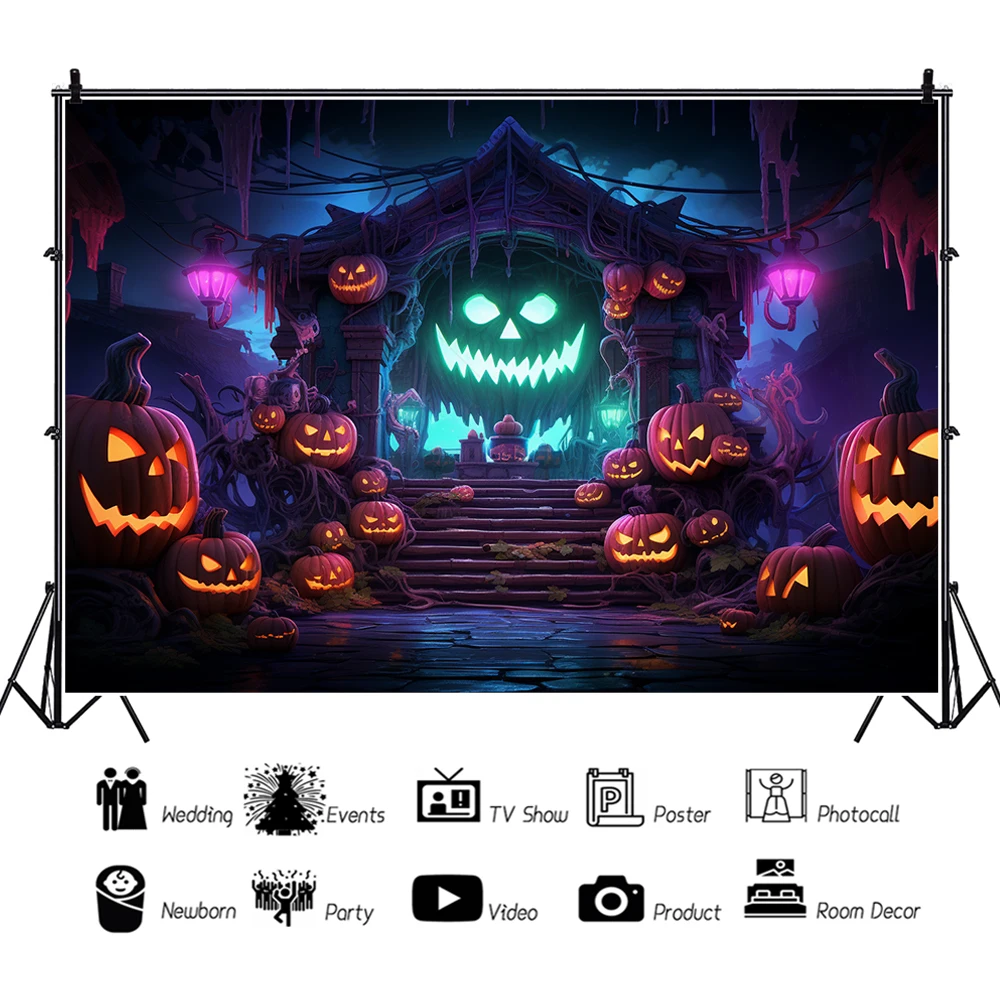 Halloween Skeleton House Horror Night Pumpkin Family Party Banner Backdrop Custom Adult Kids Wall Photo Poster Decor Background