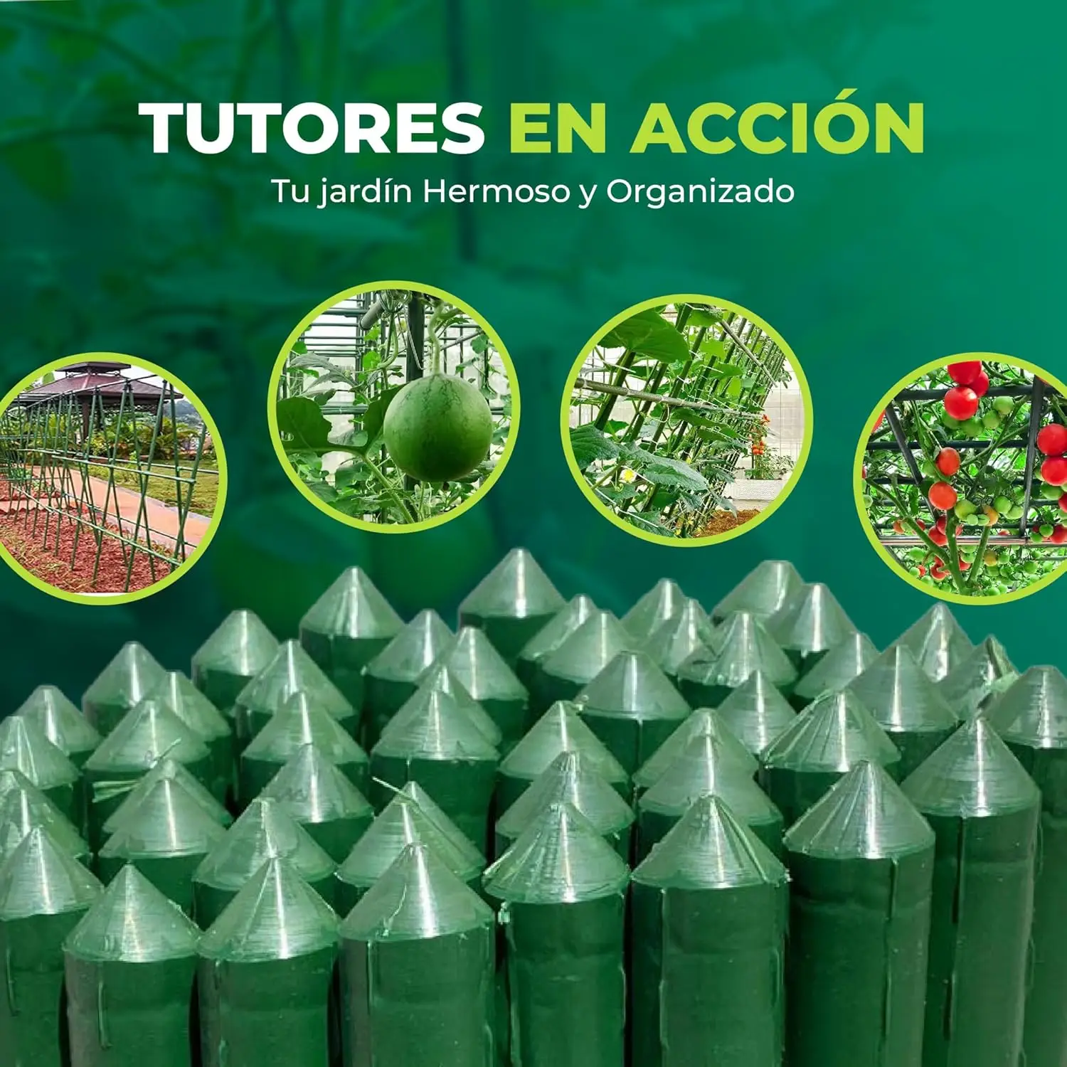 Pack of 12/24/36/48 laminated steel stakes for plants with ø 0.80/ø1.10/ø1.60 cm, ideal for garden care. Sticks for the care of plants and trees (green color)